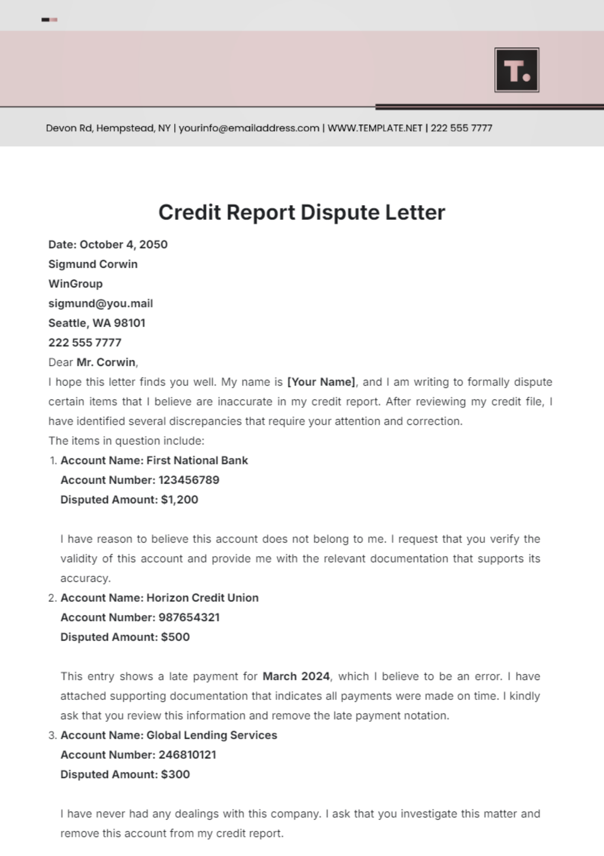 Credit Report Dispute Letter Template - Edit Online & Download