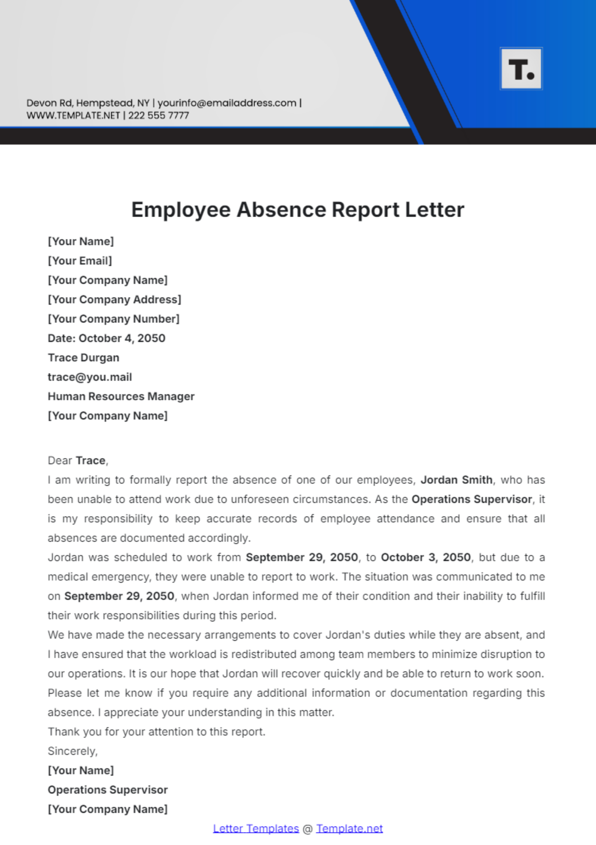 Employee Absence Report Letter Template - Edit Online & Download