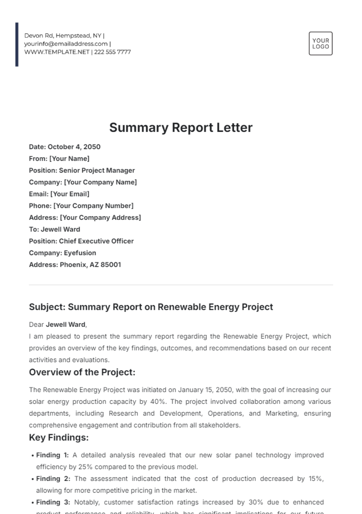 Summary Report Letter Template - Edit Online & Download