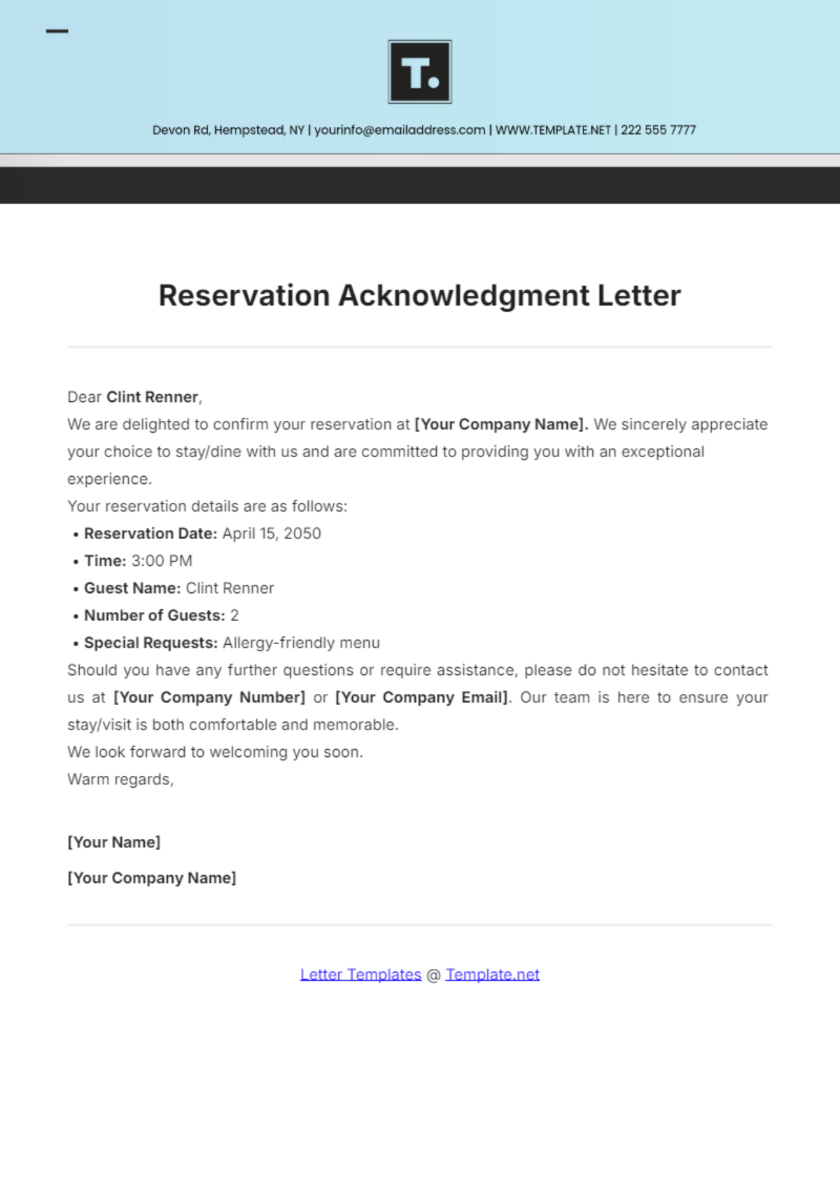 Reservation Acknowledgment Letter Template - Edit Online & Download