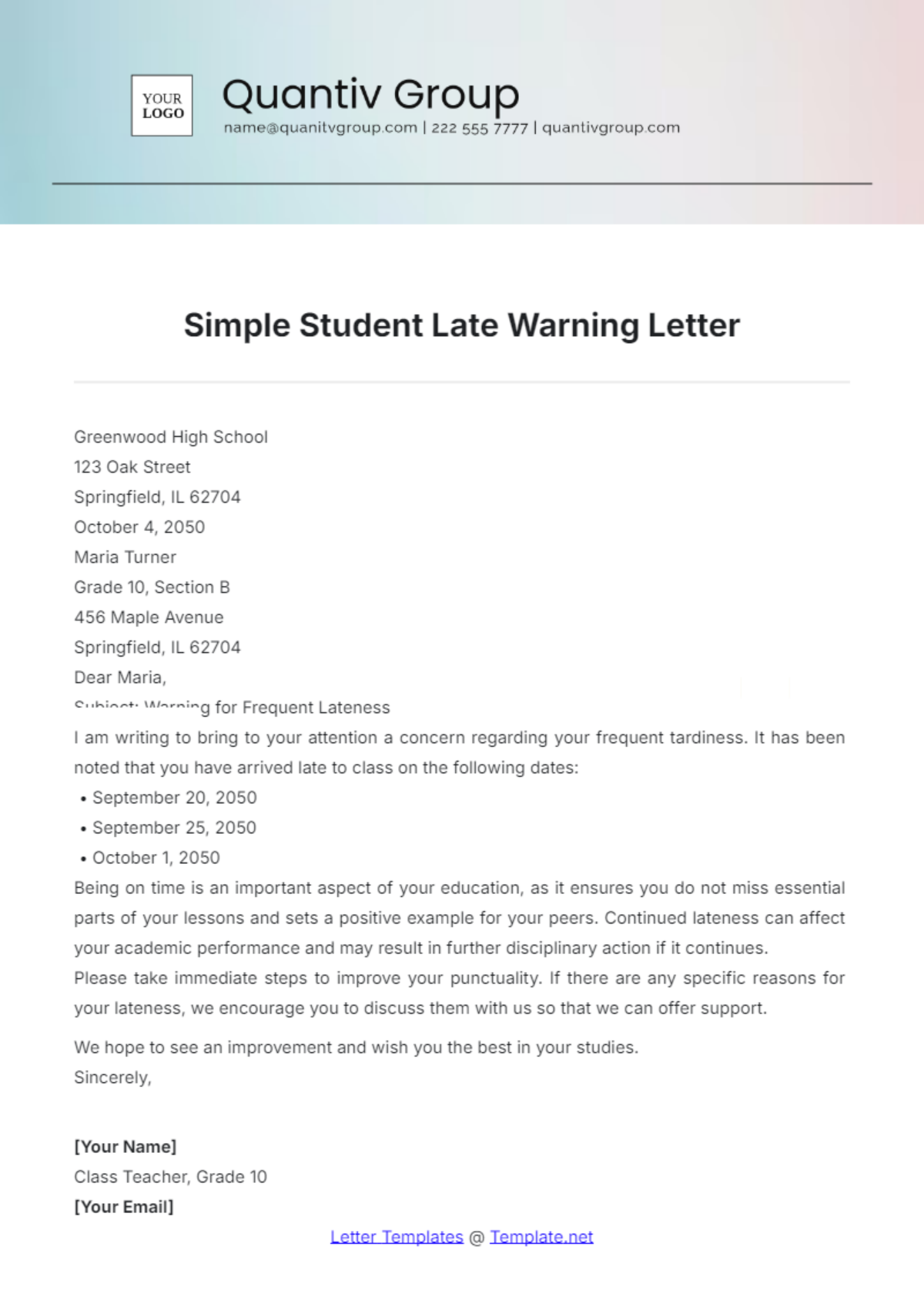 Simple Student Late Warning Letter Template - Edit Online & Download