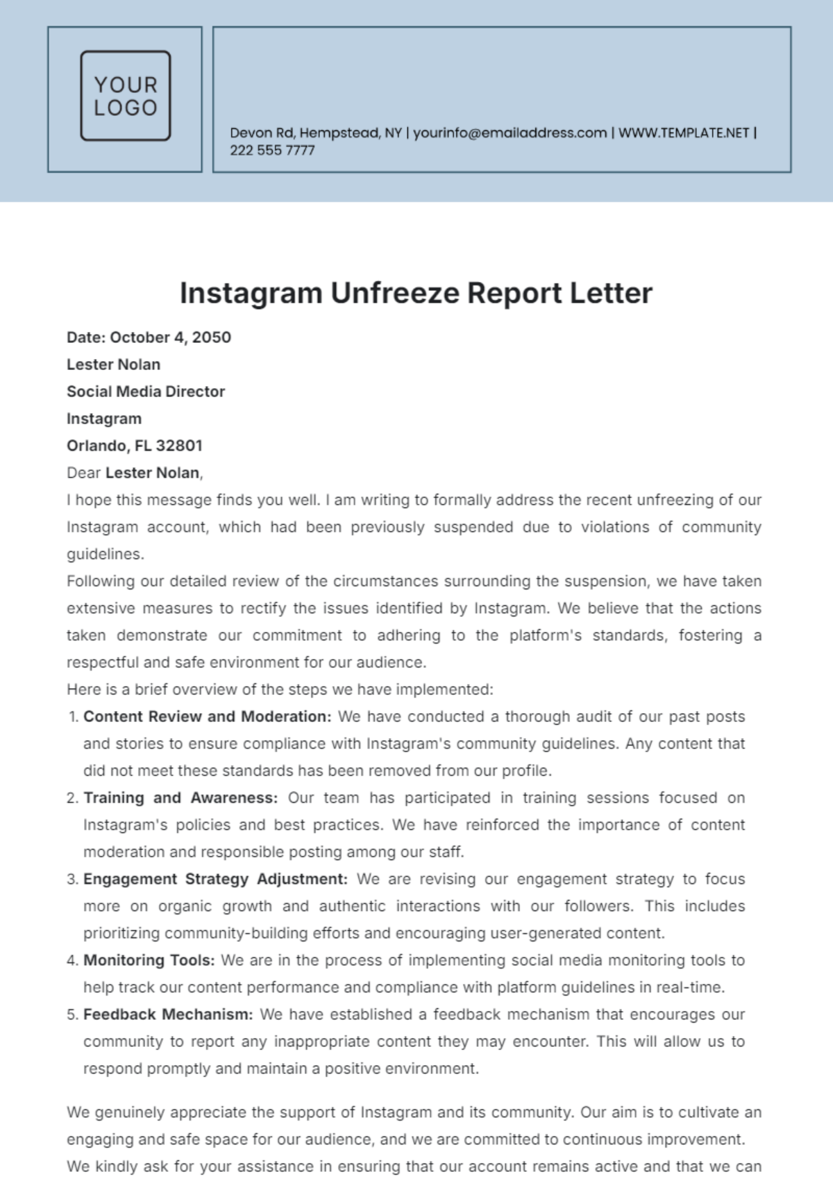 Instagram Unfreeze Report Letter Template - Edit Online & Download