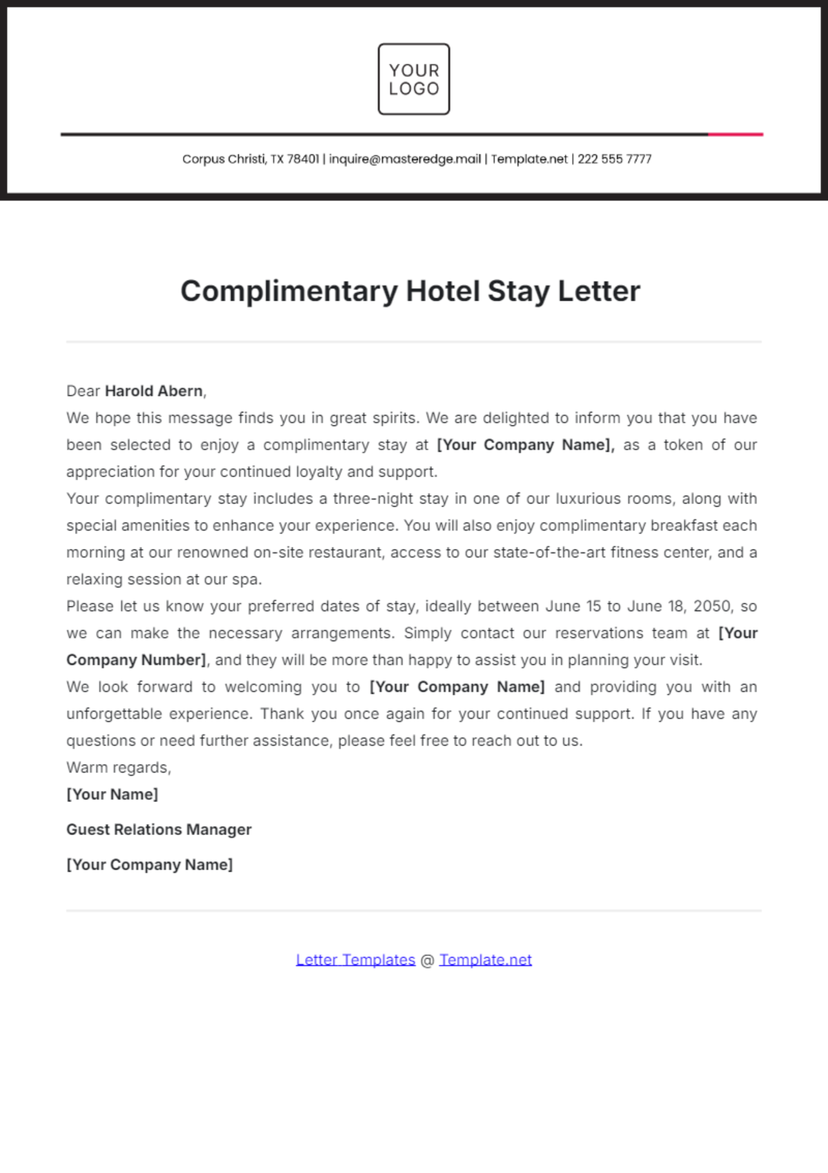 Complimentary Hotel Stay Letter Template - Edit Online & Download