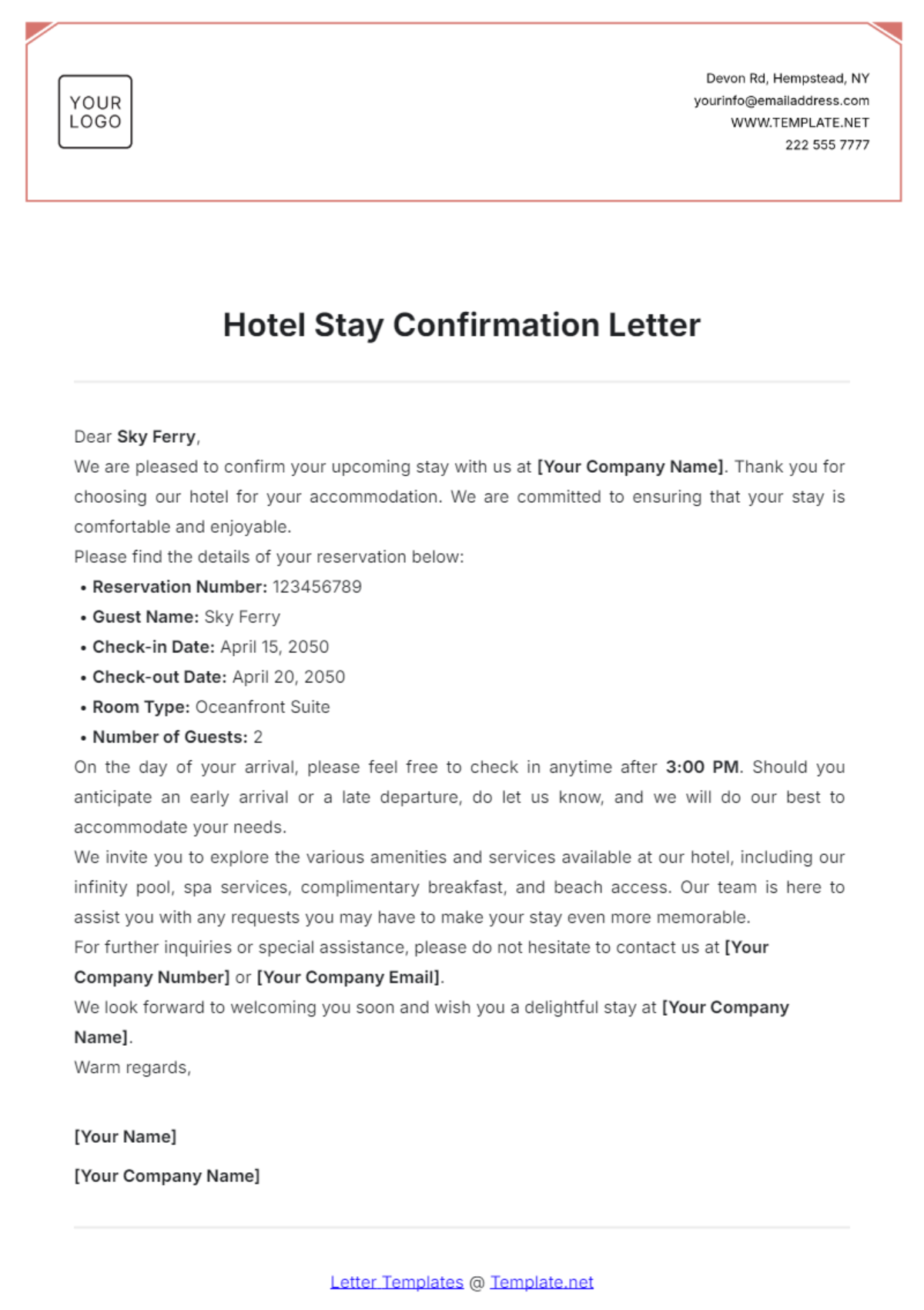 Hotel Stay Confirmation Letter Template - Edit Online & Download