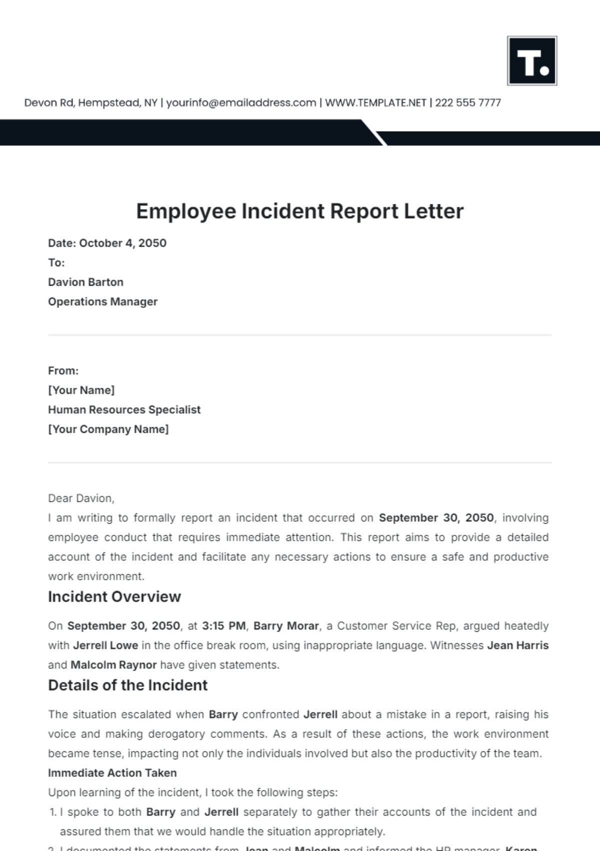 Employee Incident Report Letter Template - Edit Online & Download