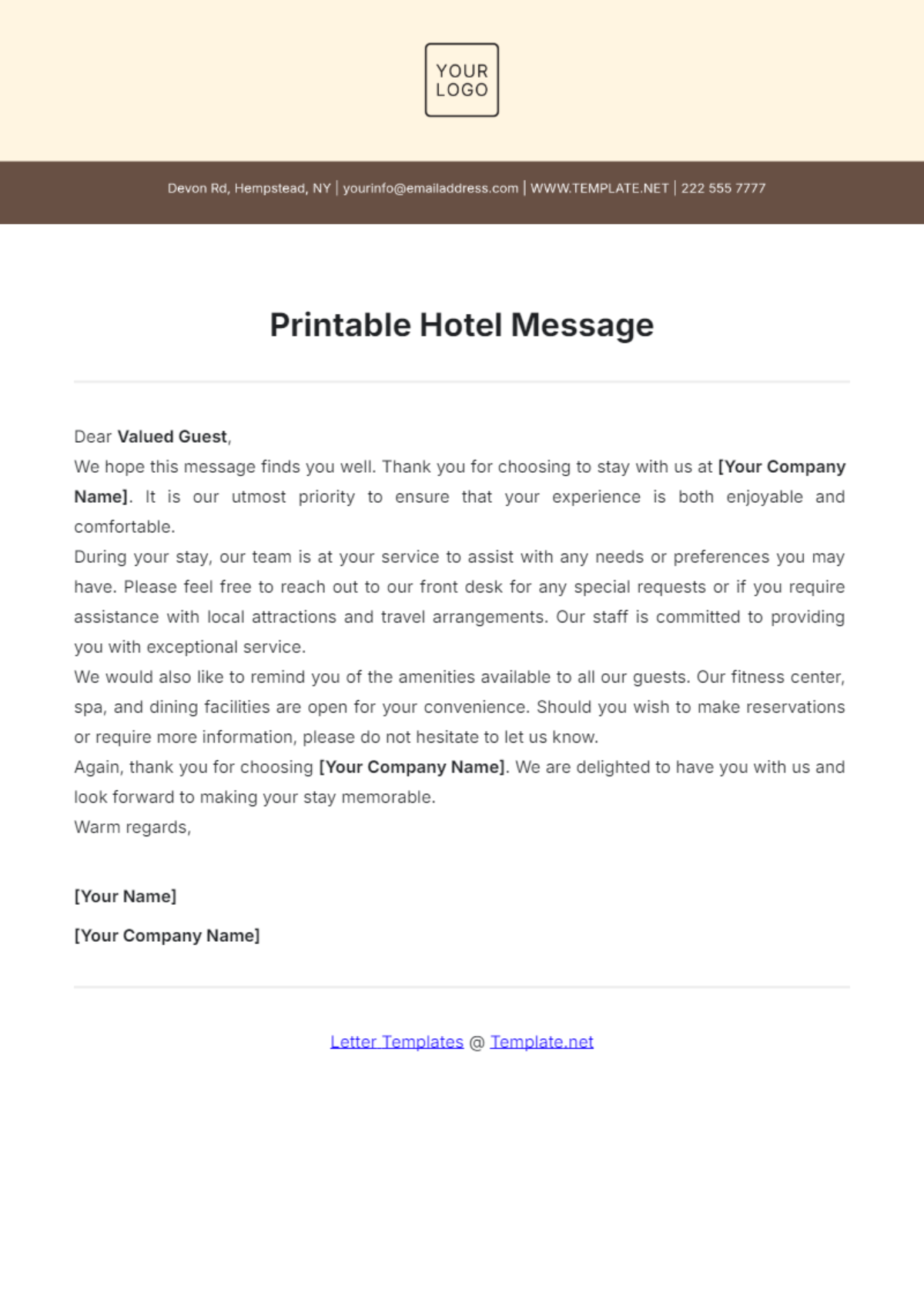 Printable Hotel Message Template - Edit Online & Download