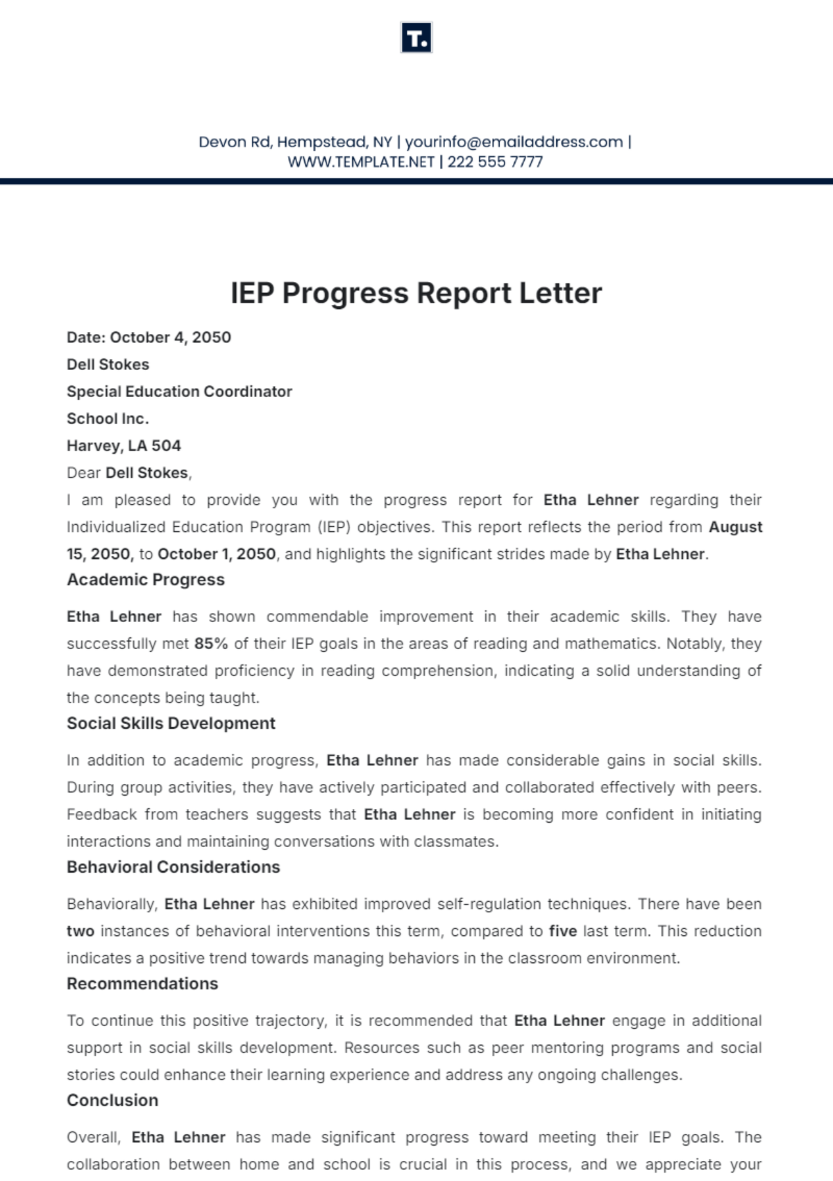 IEP Progress Report Letter Template - Edit Online & Download