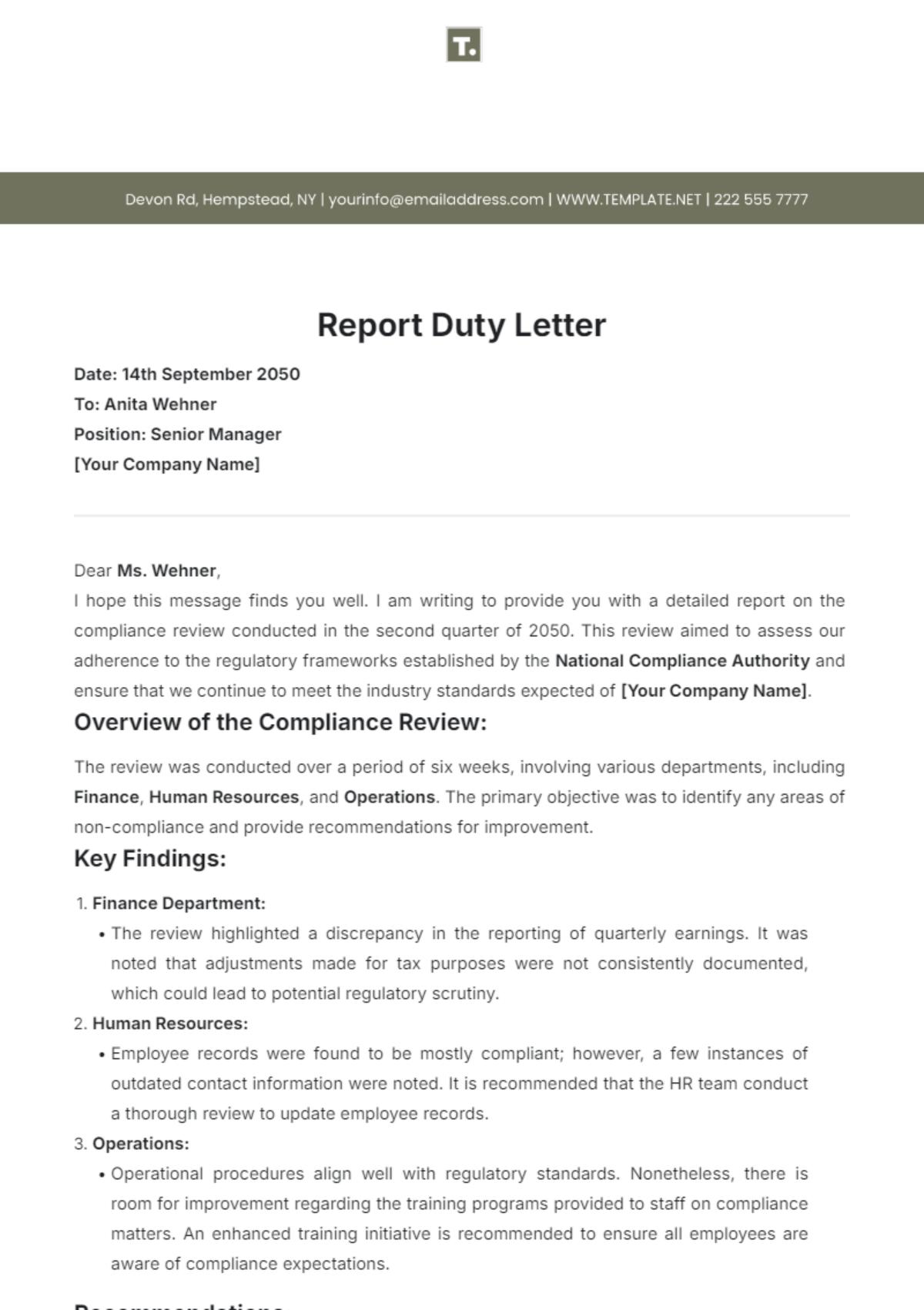 Report Duty Letter Template - Edit Online & Download