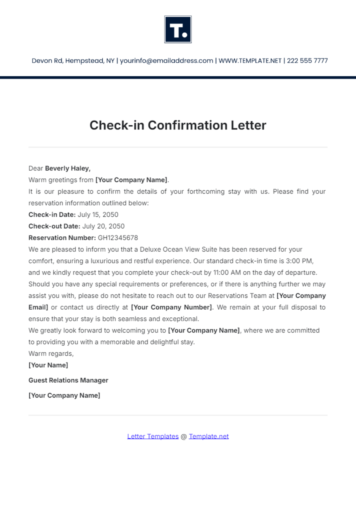 Check-in Confirmation Letter Template - Edit Online & Download