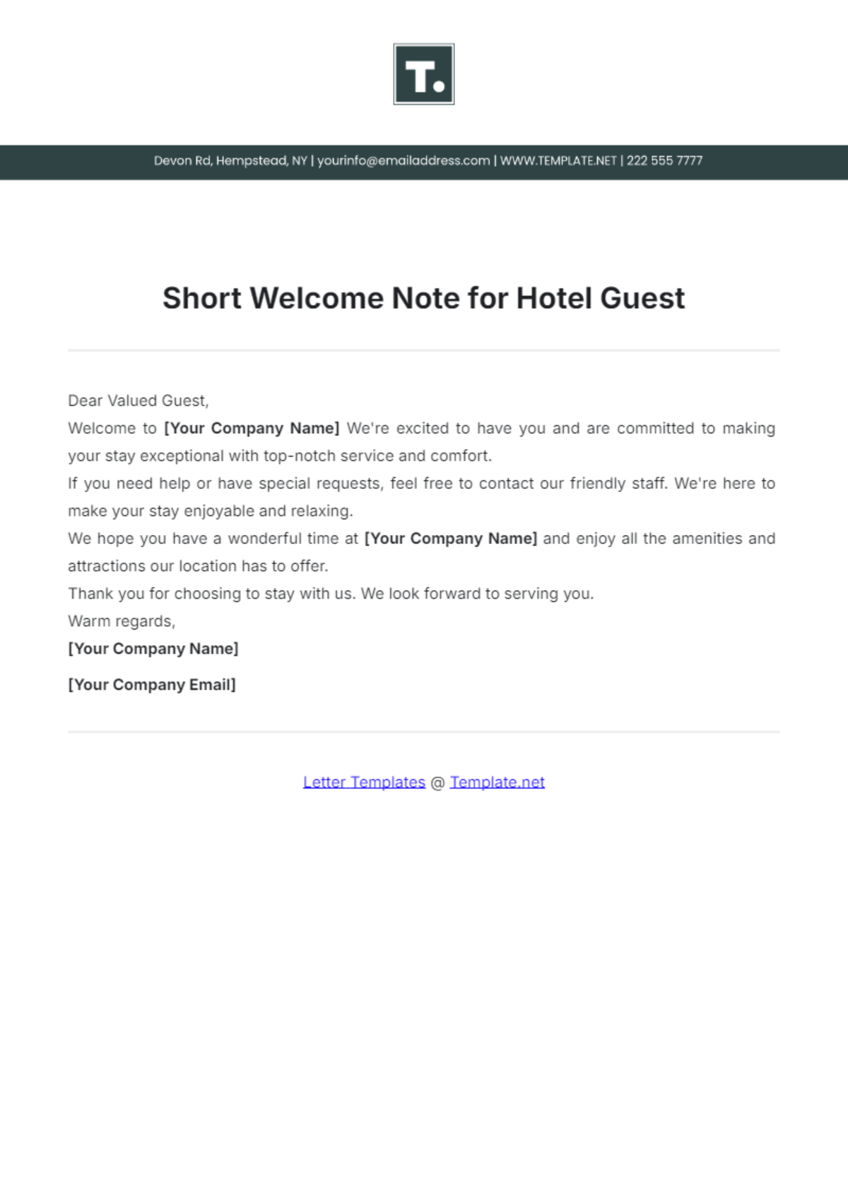 Free Short Welcome Note for Hotel Guest Template to Edit Online