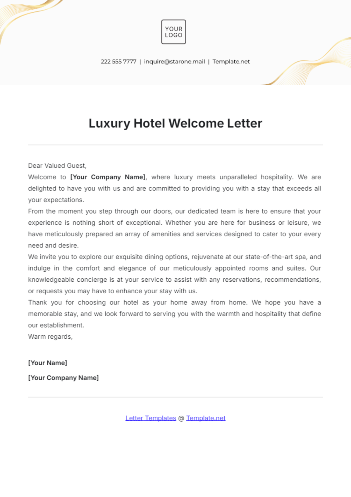 Luxury Hotel Welcome Letter Template - Edit Online & Download