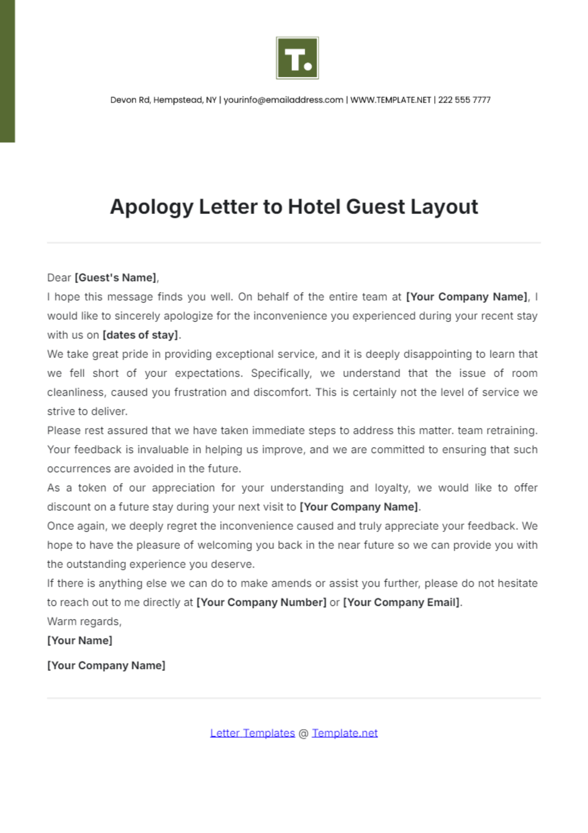 Apology Letter to Hotel Guest Layout Template - Edit Online & Download