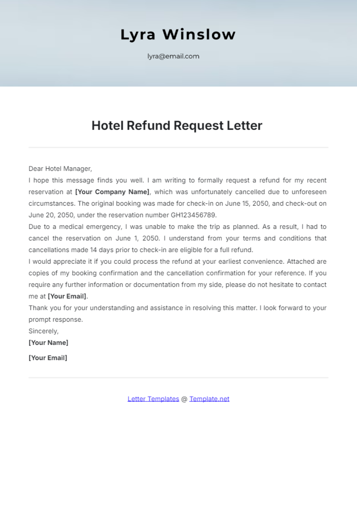 Hotel Refund Request Letter Template - Edit Online & Download