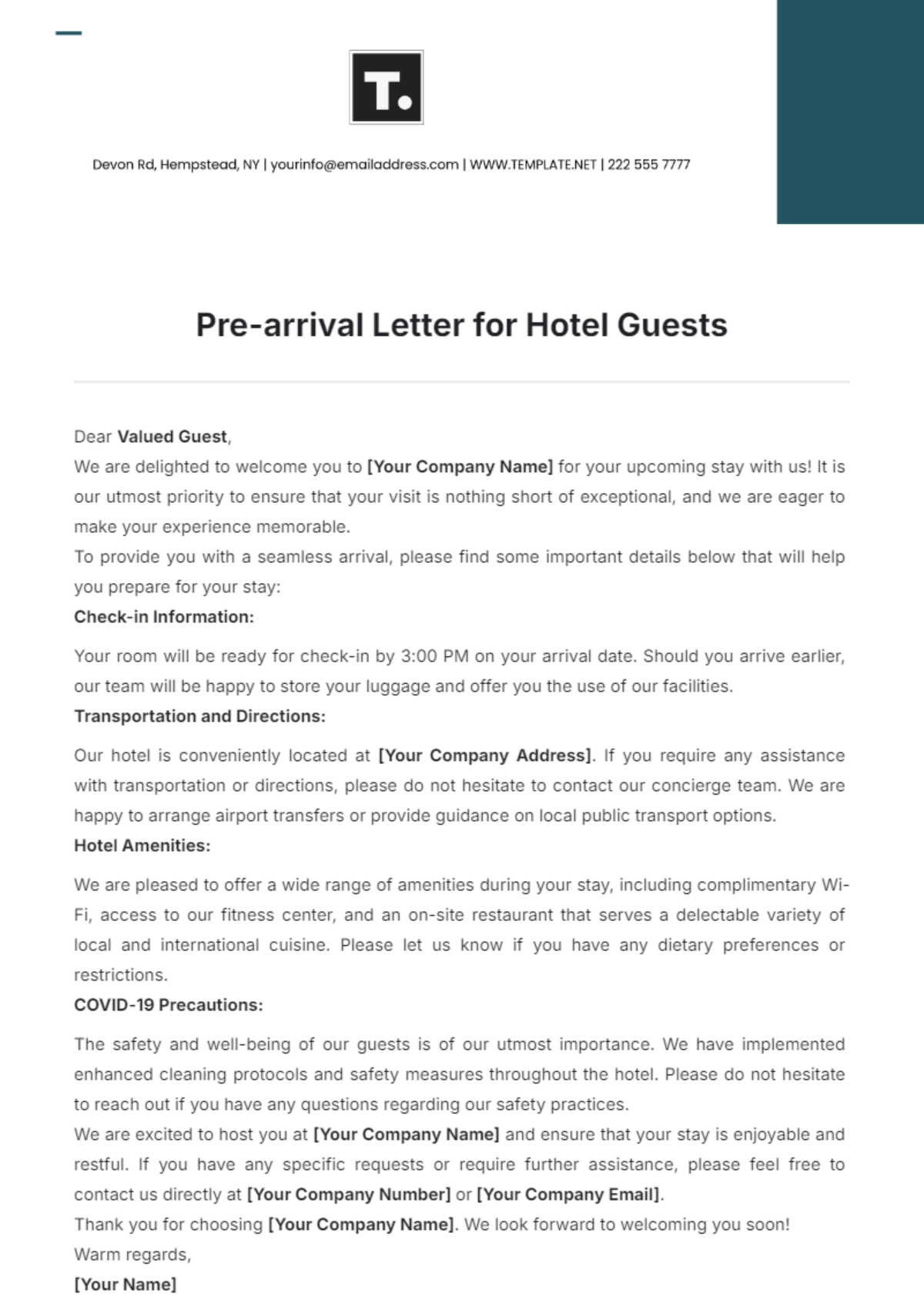 Pre-arrival Letter for Hotel Guests Template - Edit Online & Download