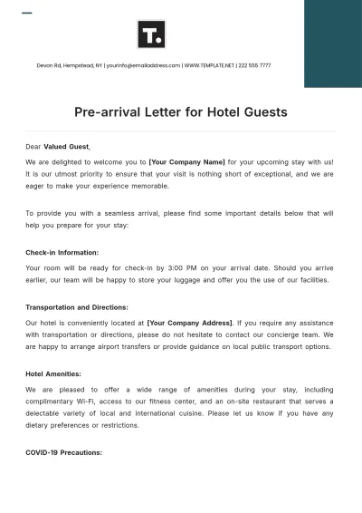 Free Pre-arrival Letter for Hotel Guests Template to Edit Online