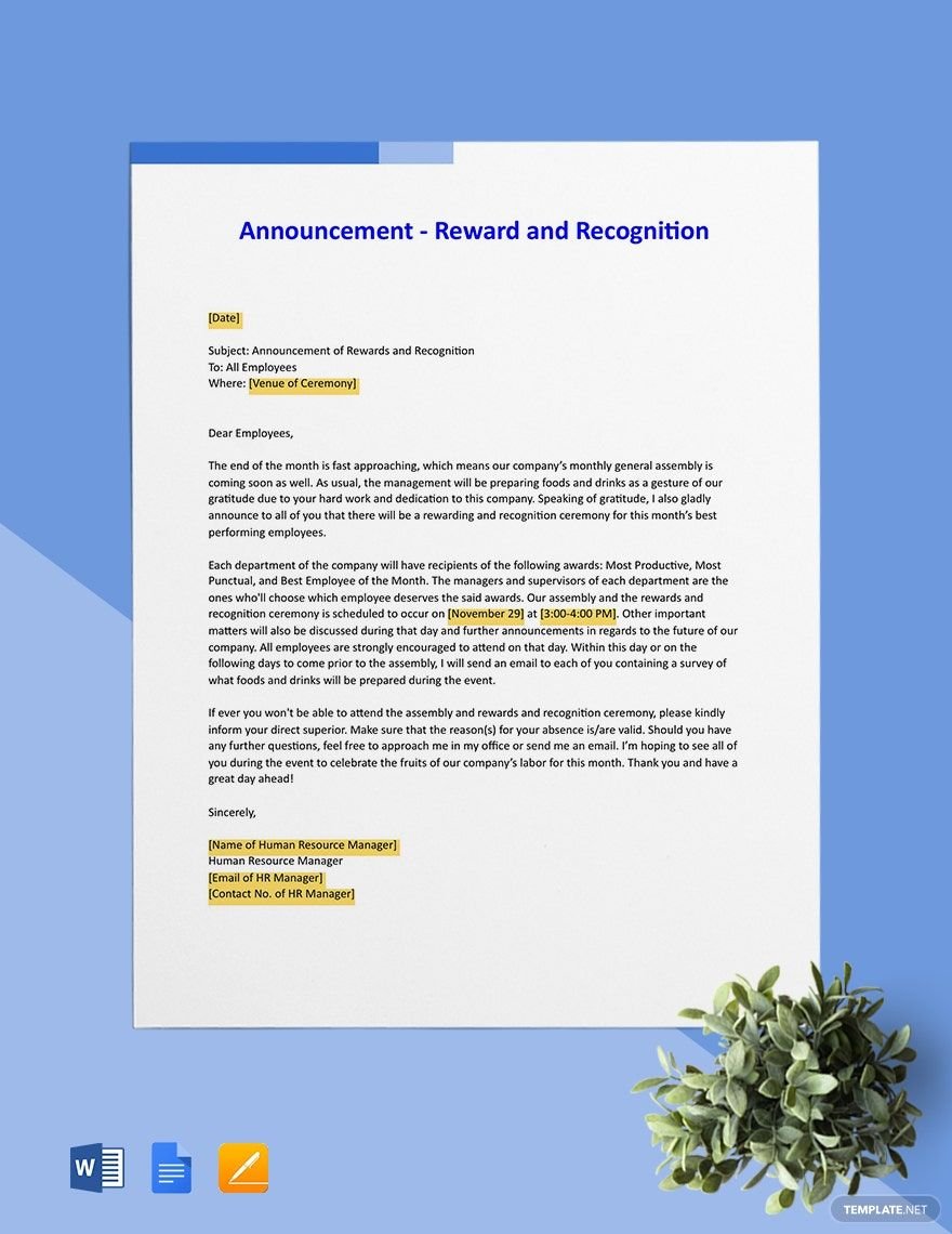 Free Announcement - Reward and Recognition Template