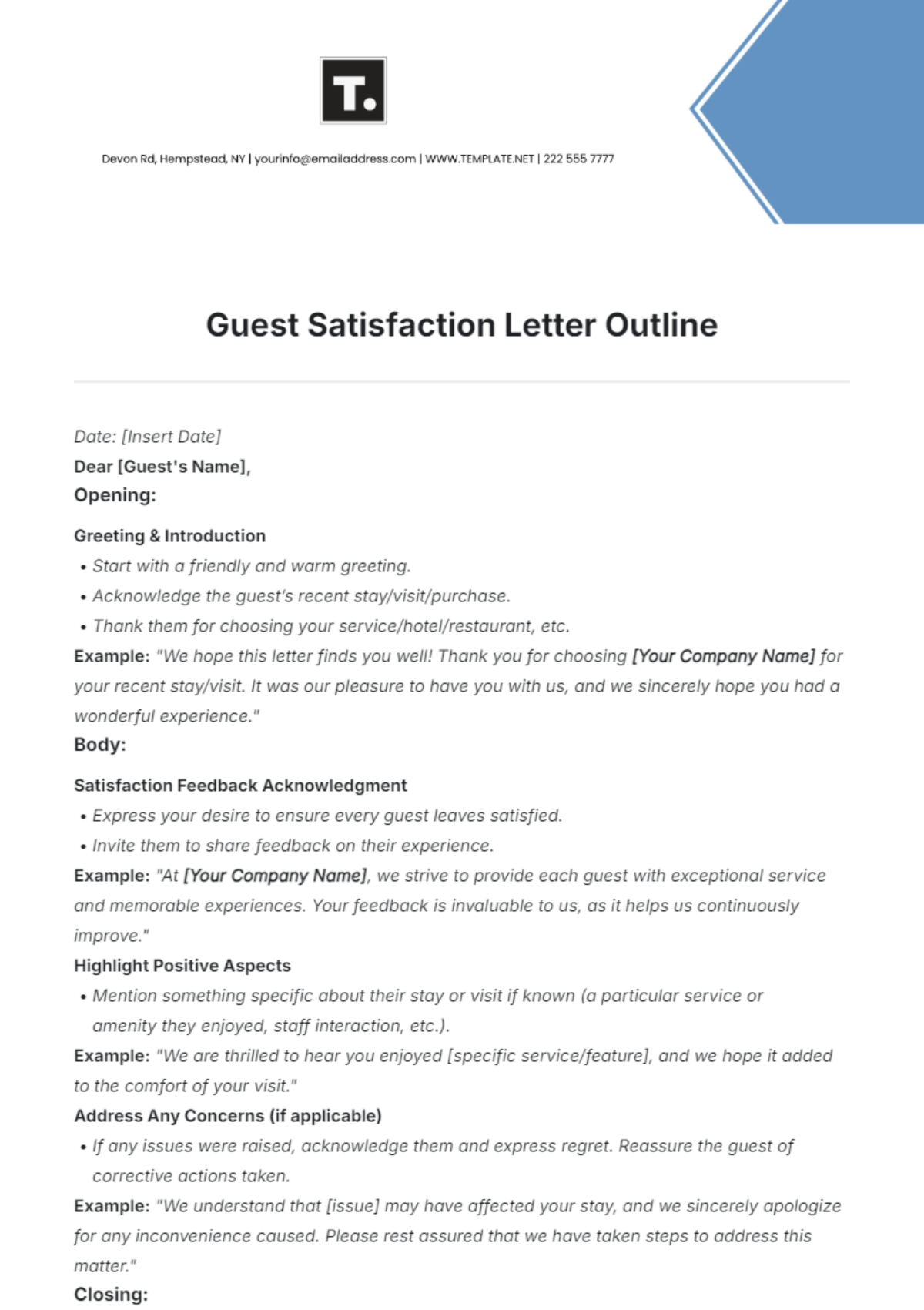 Guest Satisfaction Letter Outline Template - Edit Online & Download