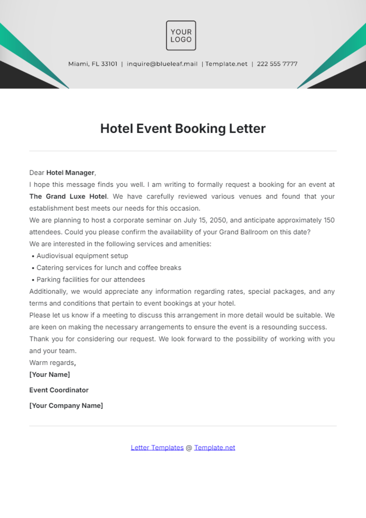 Hotel Event Booking Letter Template - Edit Online & Download