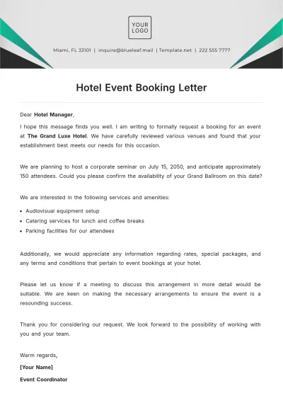 Free Hotel Event Booking Letter Template to Edit Online