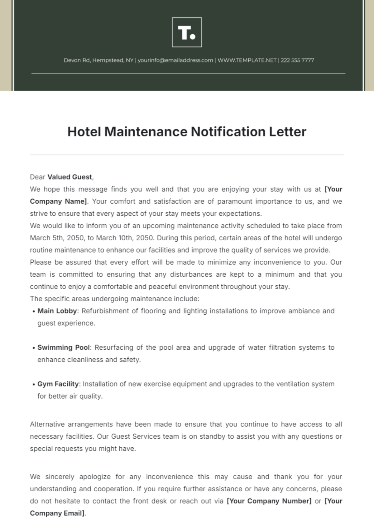 Hotel Maintenance Notification Letter Template - Edit Online & Download