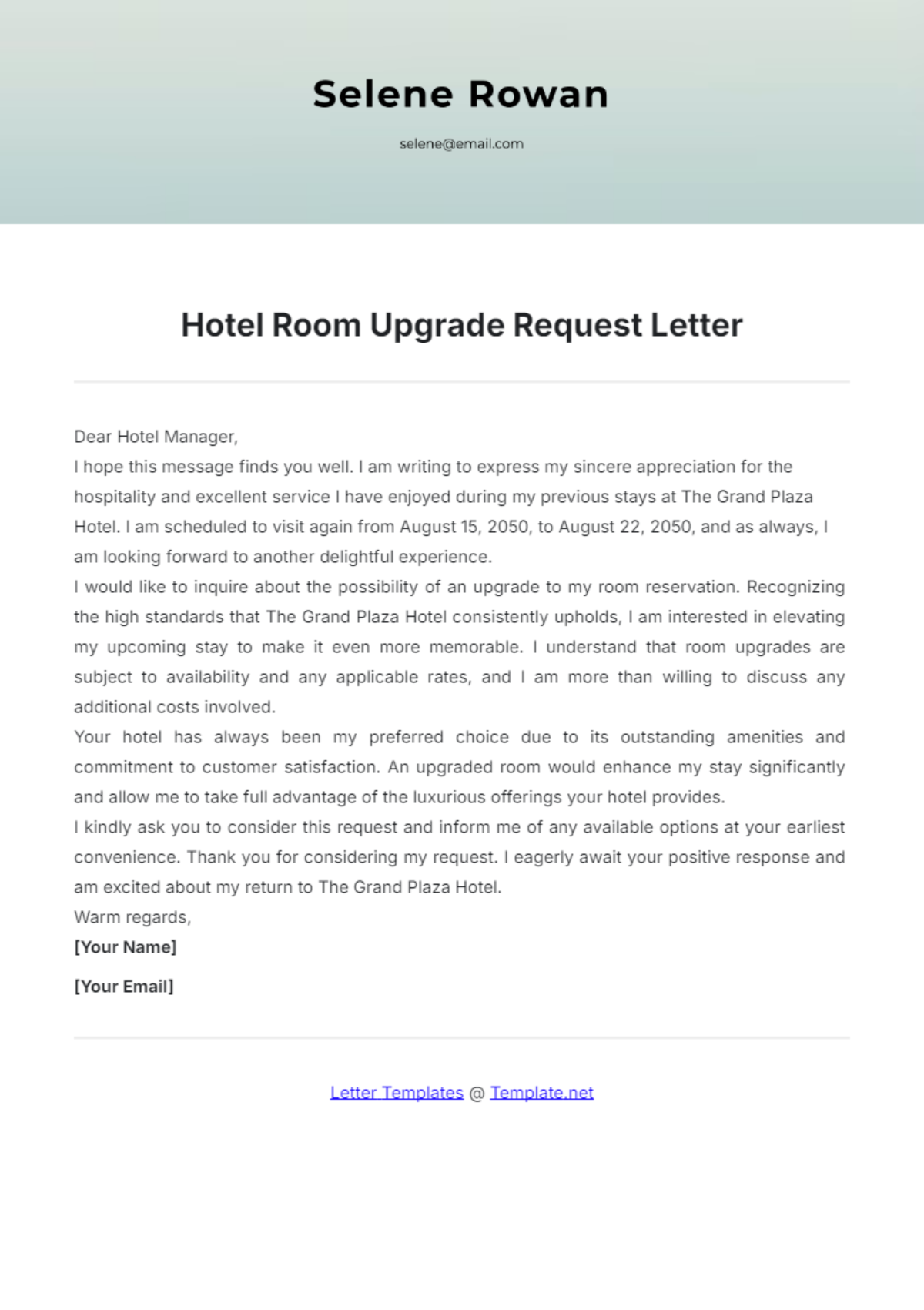 Hotel Room Upgrade Request Letter Template - Edit Online & Download