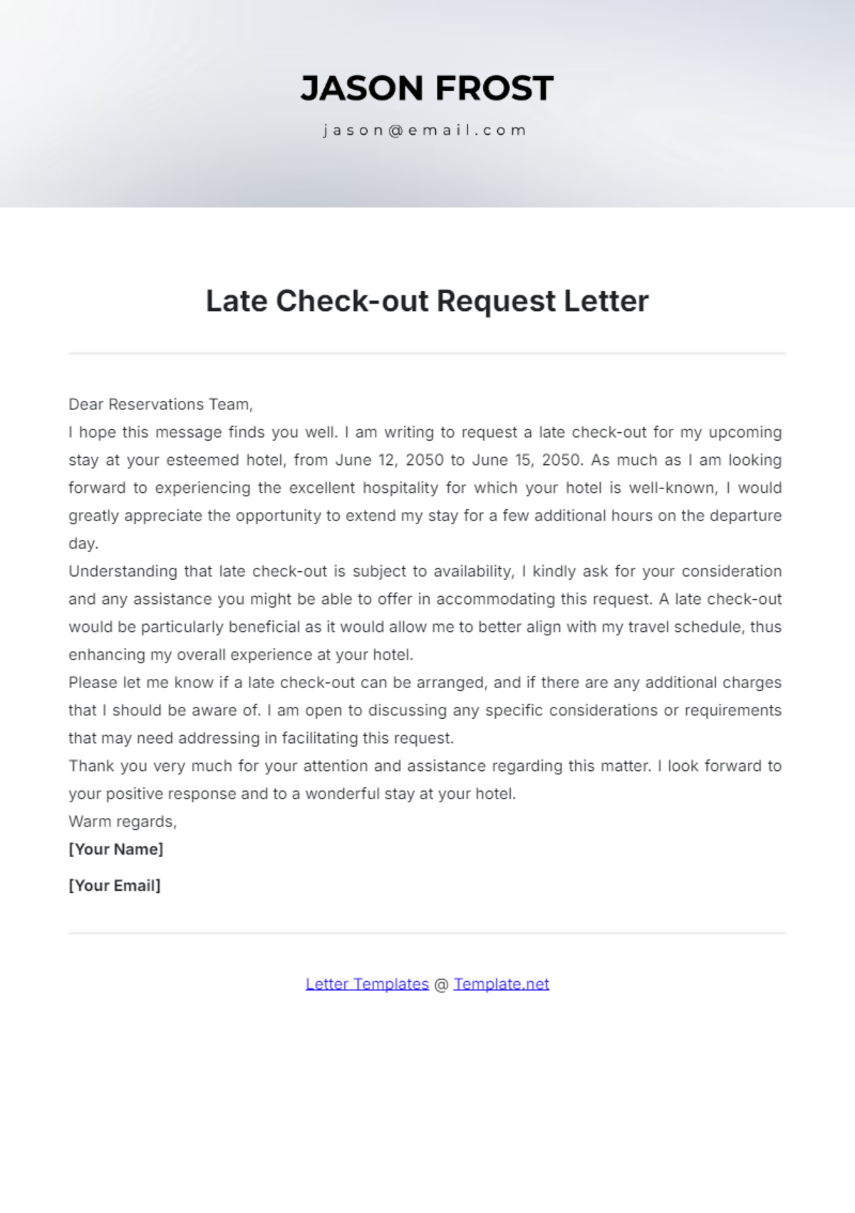 Late Check-out Request Letter Template - Edit Online & Download