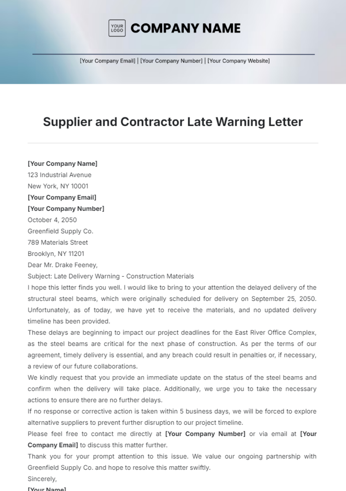 Supplier and Contractor Late Warning Letter Template - Edit Online & Download