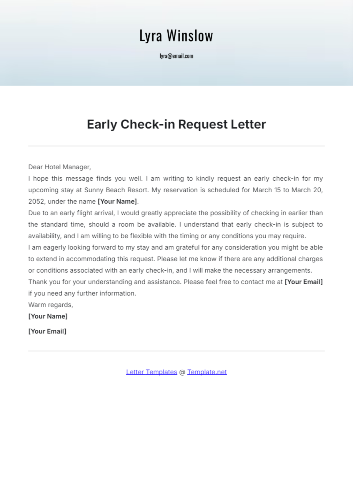 Early Check-in Request Letter Template - Edit Online & Download