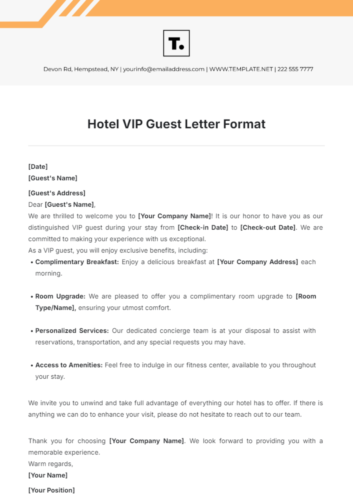 Hotel VIP Guest Letter Format Template - Edit Online & Download