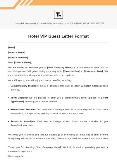 Free Hotel VIP Guest Letter Format Template to Edit Online