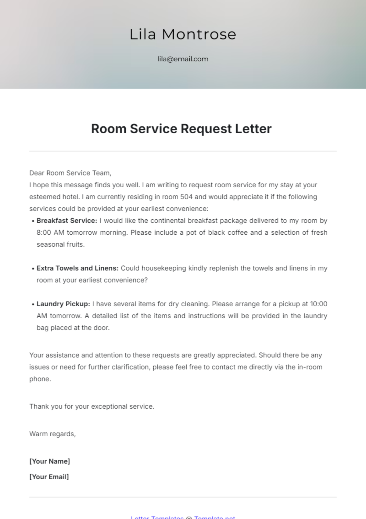 Room Service Request Letter Template - Edit Online & Download