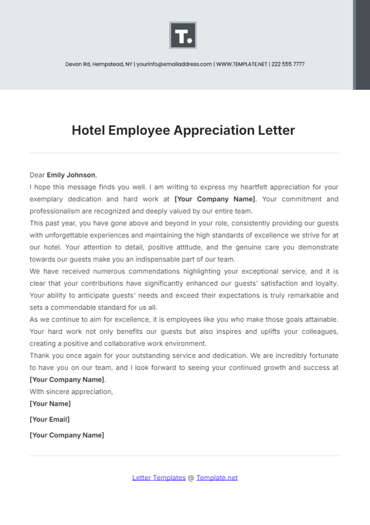 Hotel Employee Appreciation Letter Template - Edit Online & Download