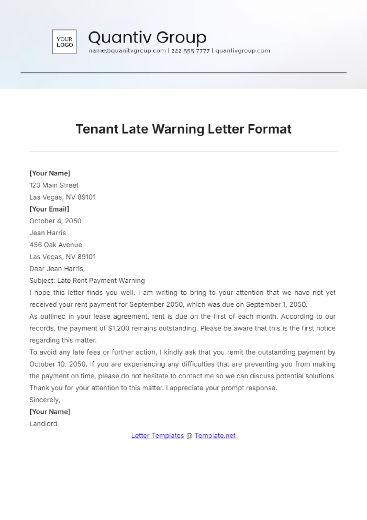 Tenant Late Warning Letter Format Template - Edit Online & Download