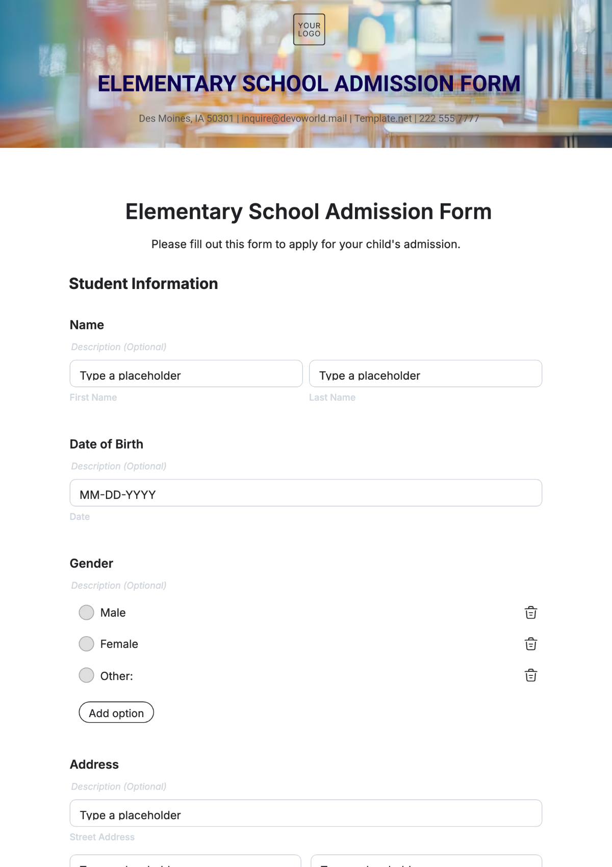 Free Elementary School Admission Form Template