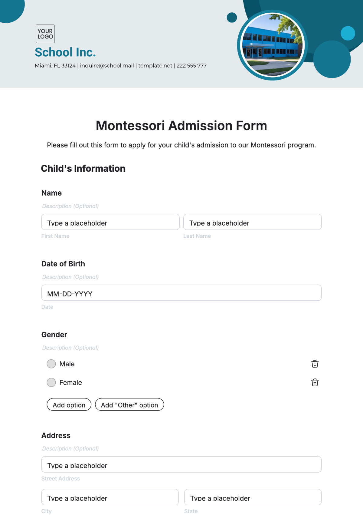 Free Montessori Admission Form Template