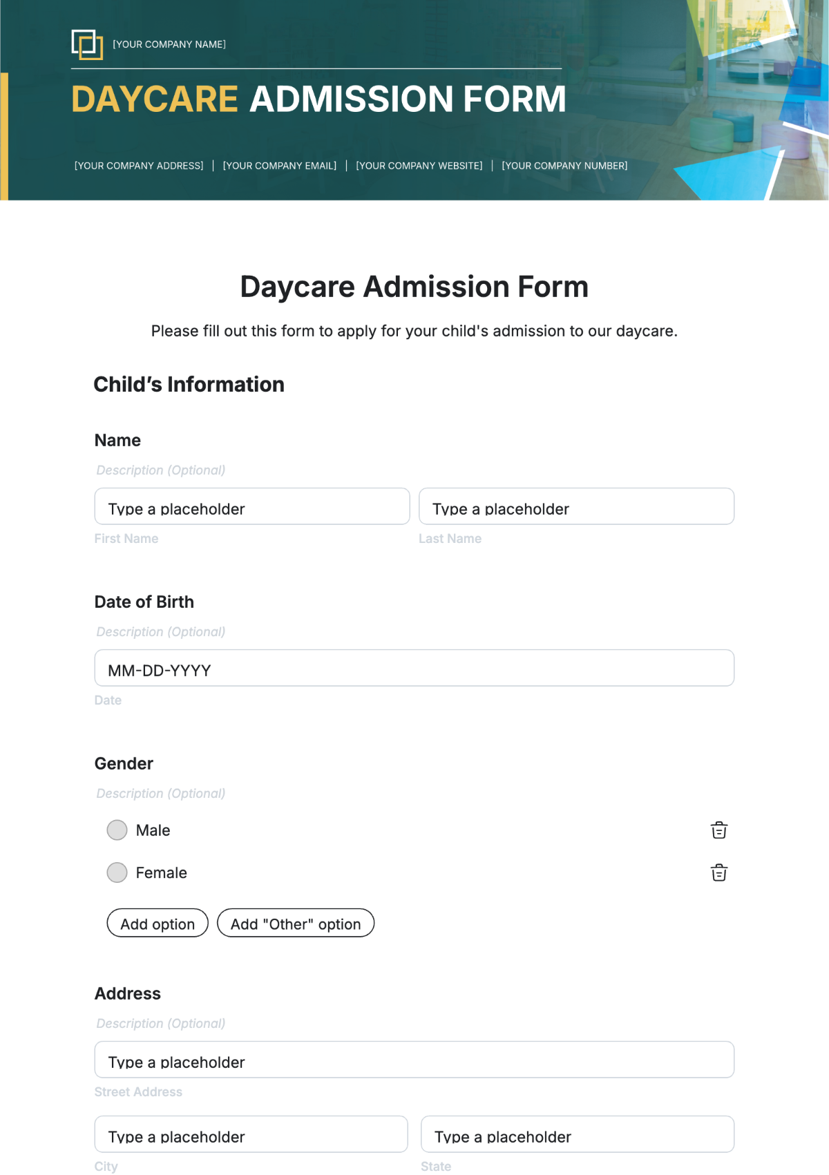 Daycare Admission Form Template - Edit Online & Download