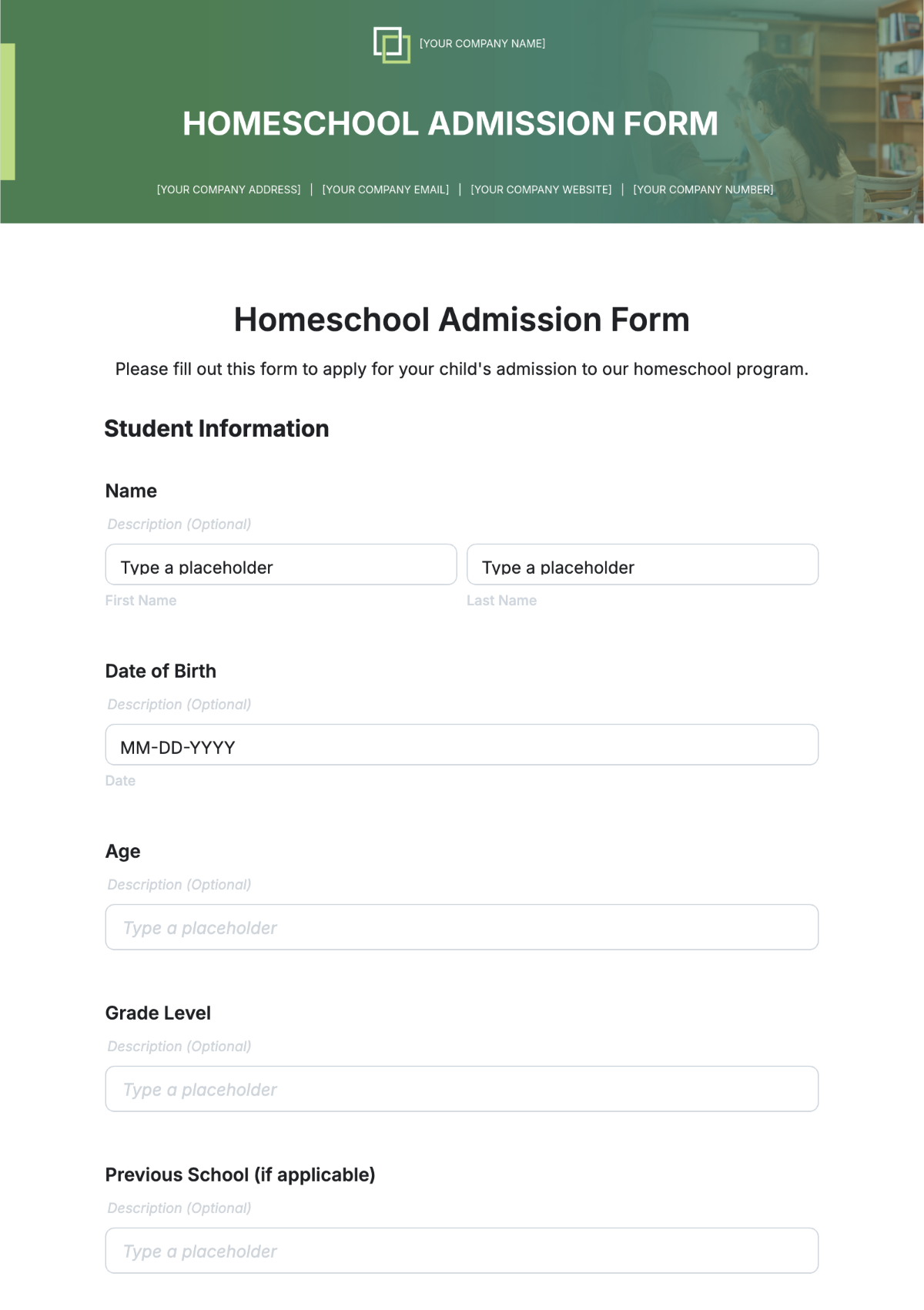 Homeschool Admission Form Template - Edit Online & Download