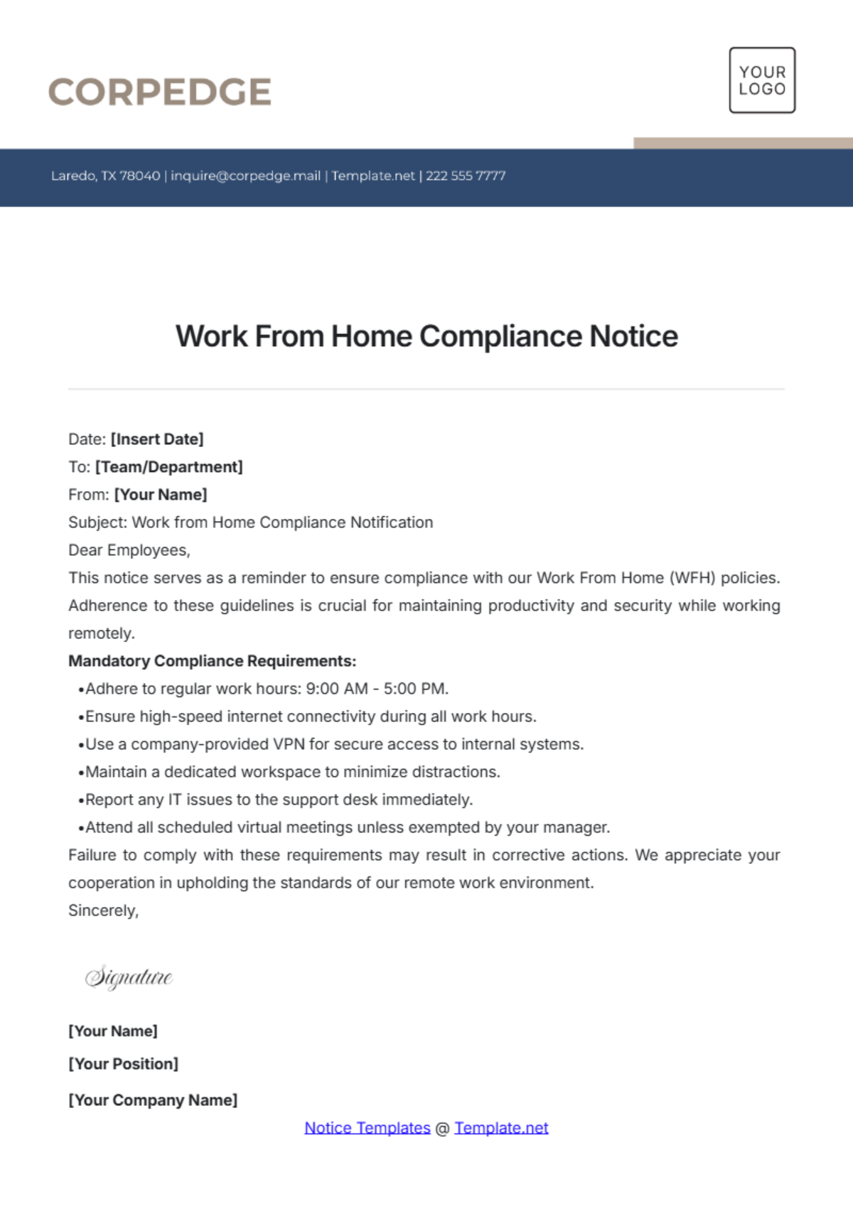 Work From Home Compliance Notice Template