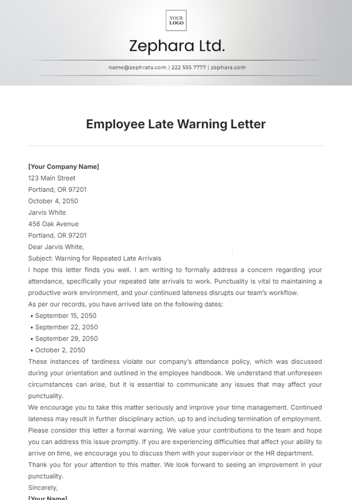 Employee Late Warning Letter Template - Edit Online & Download