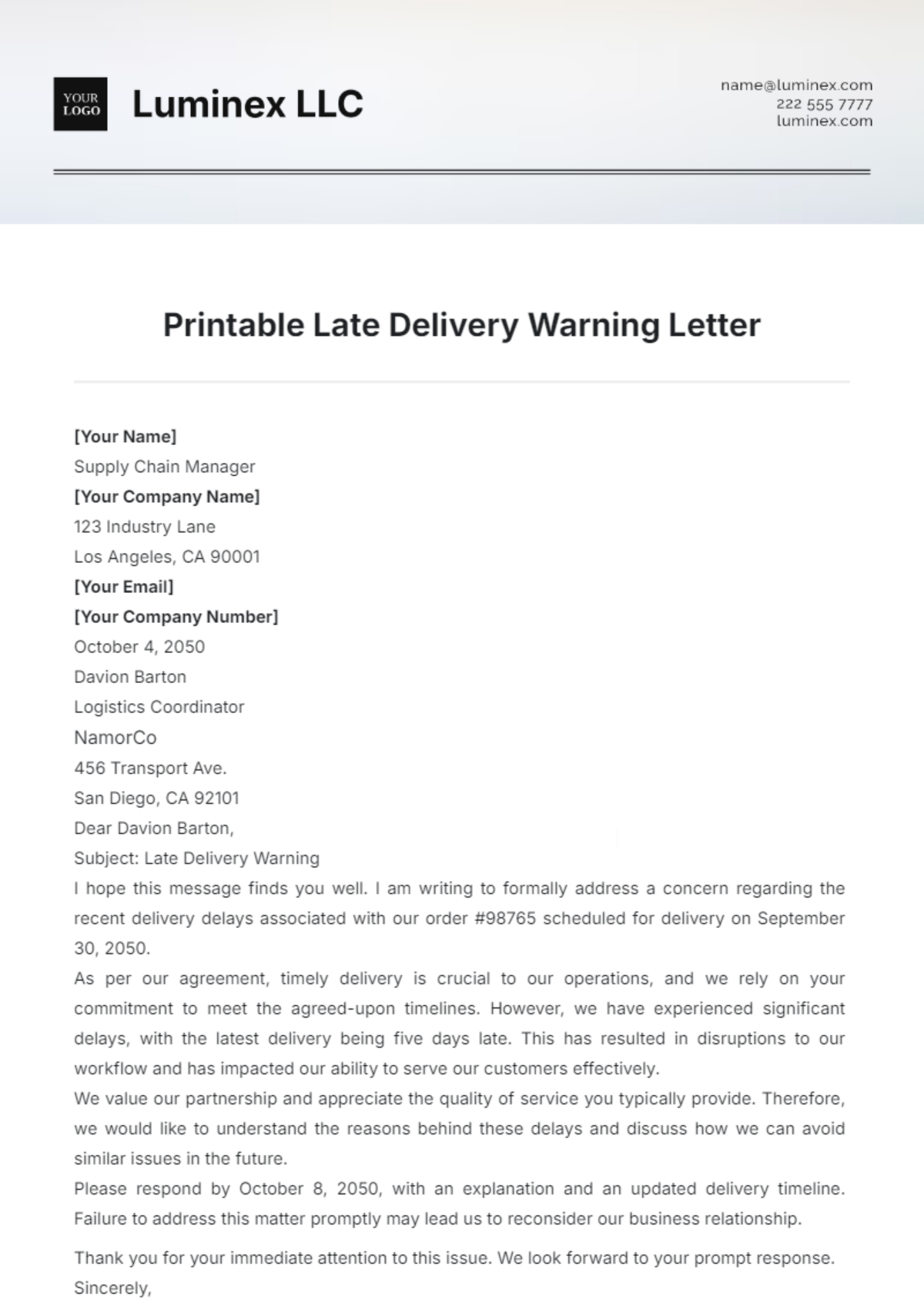 Printable Late Delivery Warning Letter Template - Edit Online & Download