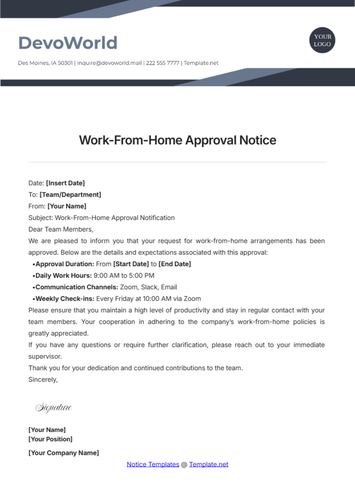 Work-From-Home Approval Notice Template - Edit Online & Download