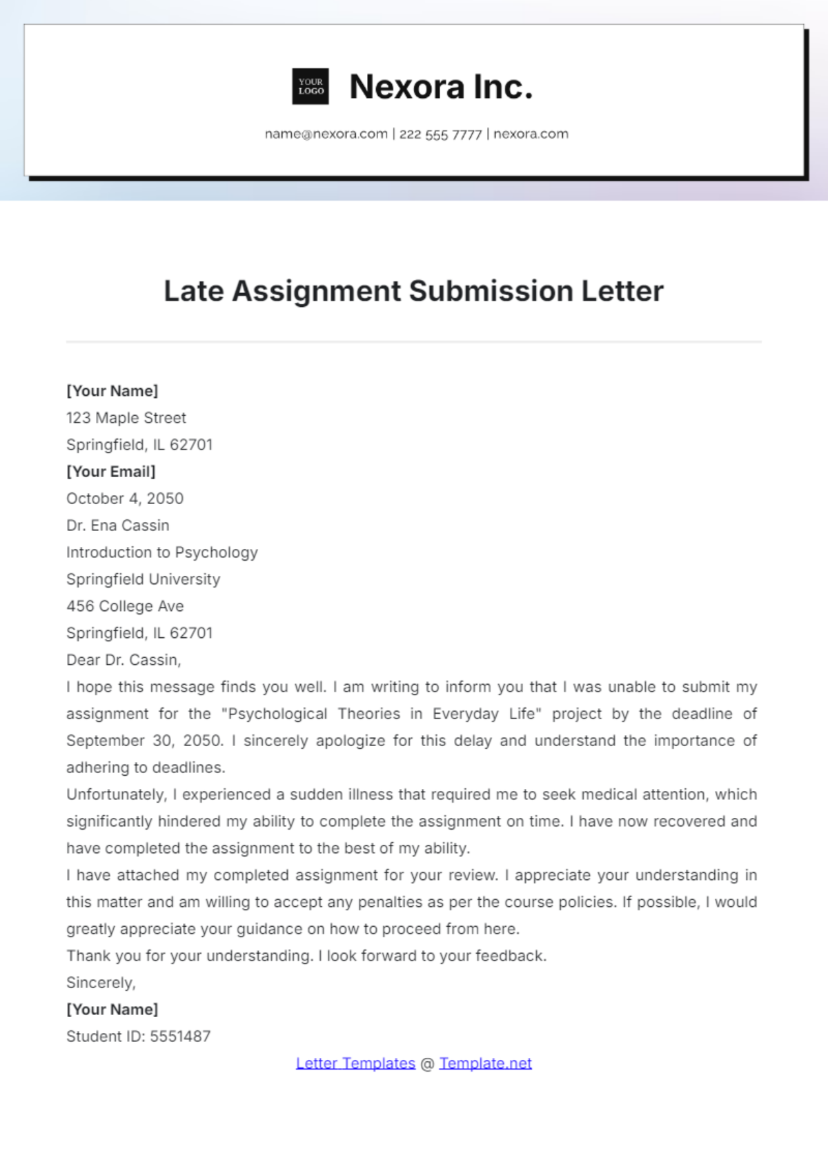 Late Assignment Submission Letter Template - Edit Online & Download