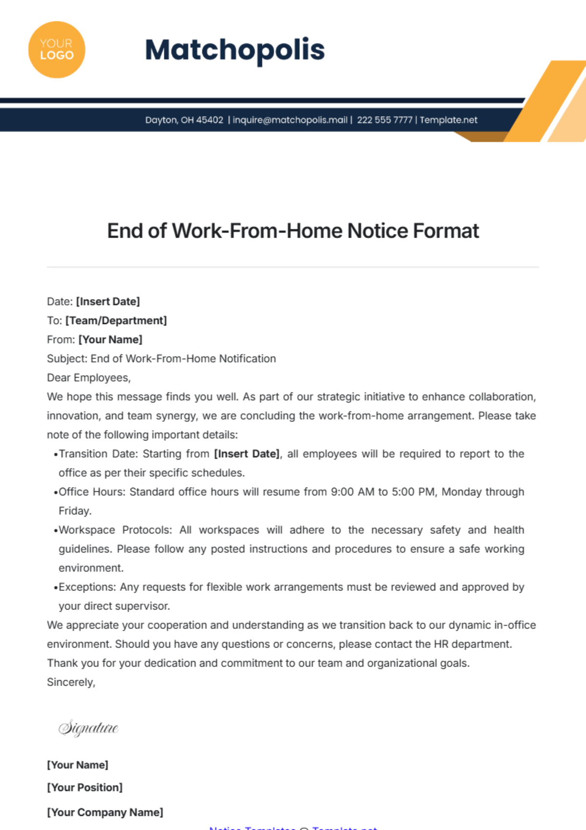 End of Work-From-Home Notice Format Template - Edit Online & Download