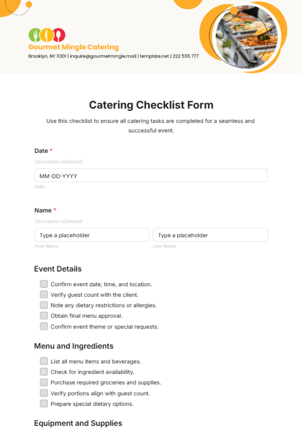 Catering Checklist Form Template - Edit Online & Download