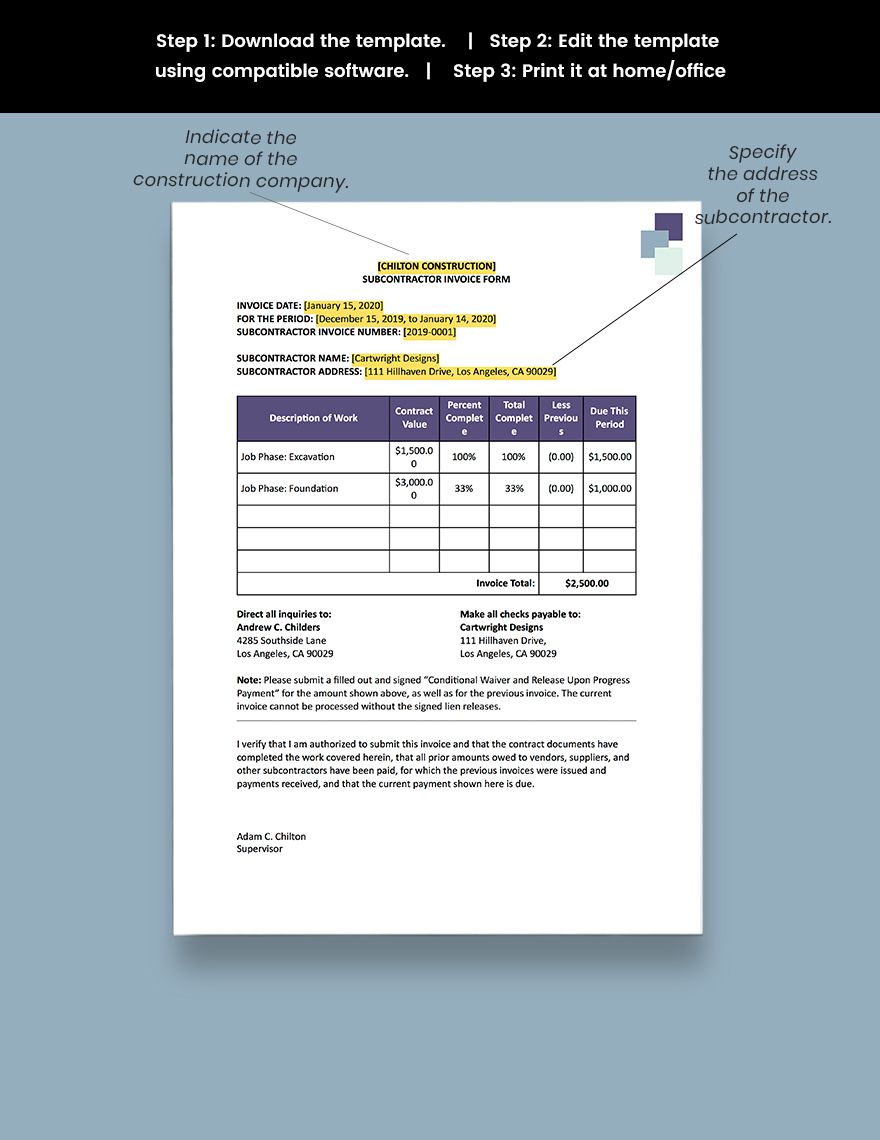 Construction Subcontractor Invoice Template