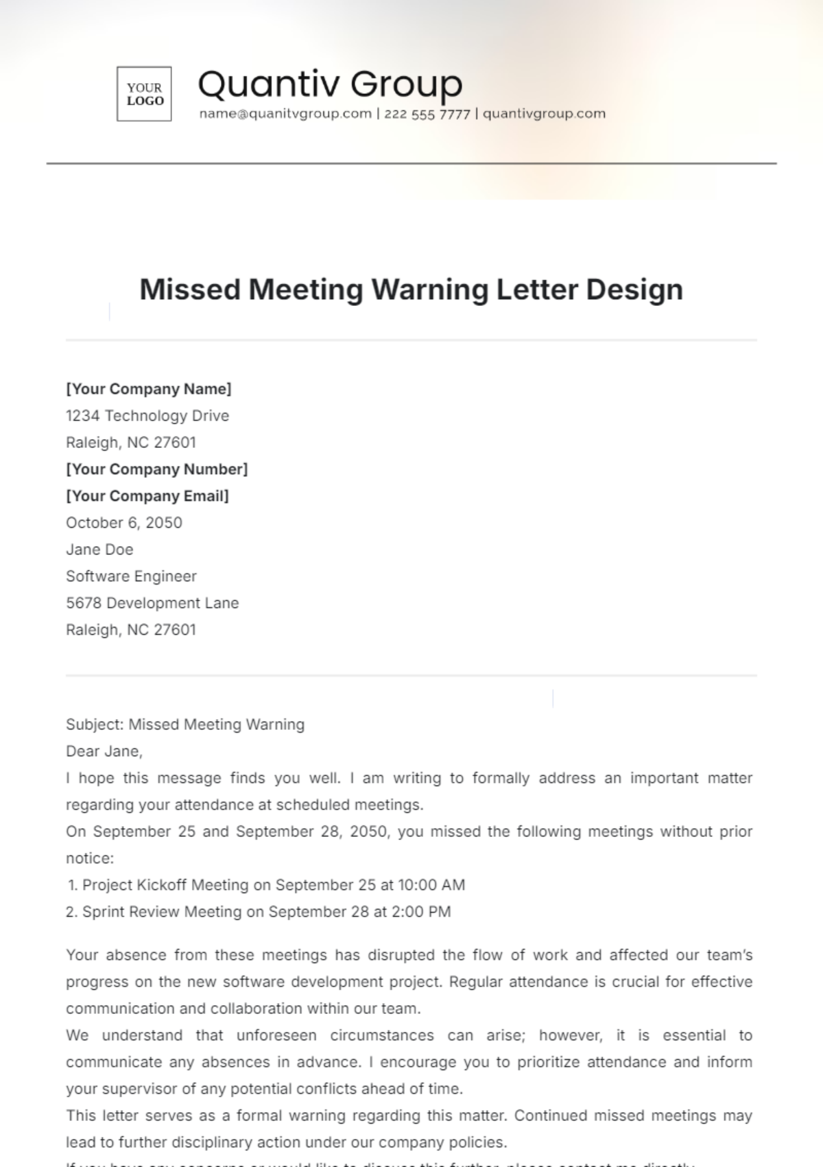 Missed Meeting Warning Letter Design Template - Edit Online & Download