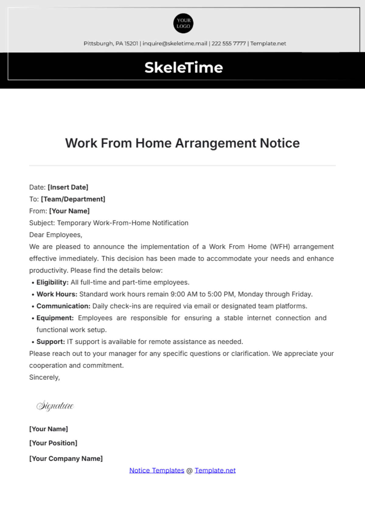 Work From Home Arrangement Notice Template - Edit Online & Download