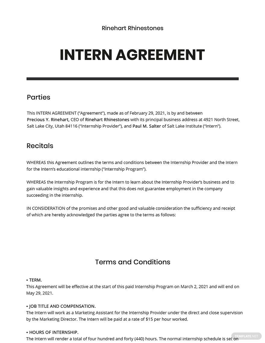 Intern Agreement Template Google Docs, Word, Apple Pages