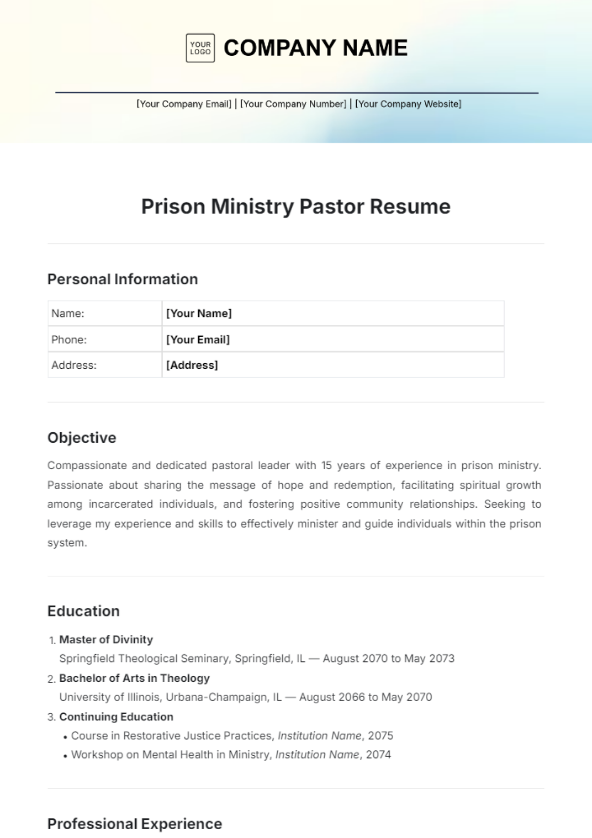 Prison Ministry Pastor Resume Template - Edit Online & Download