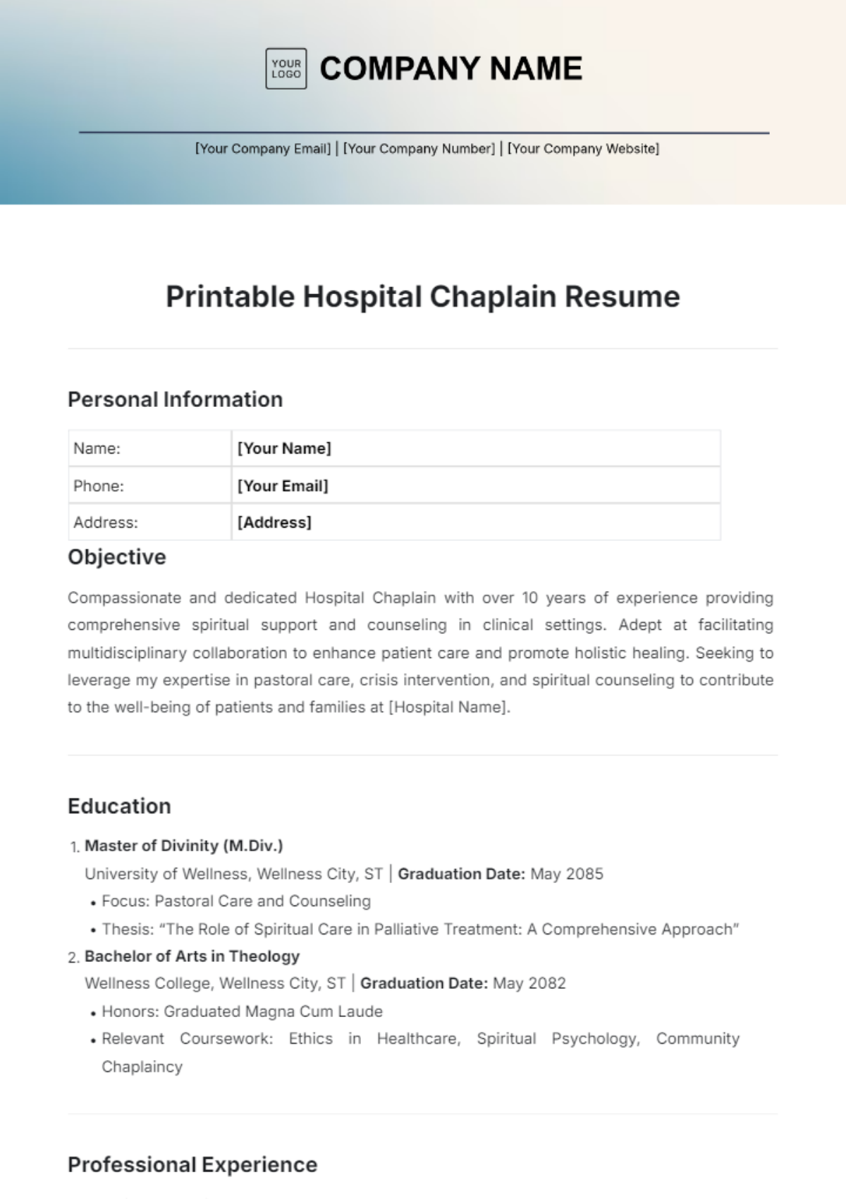 Printable Hospital Chaplain Resume Template - Edit Online & Download